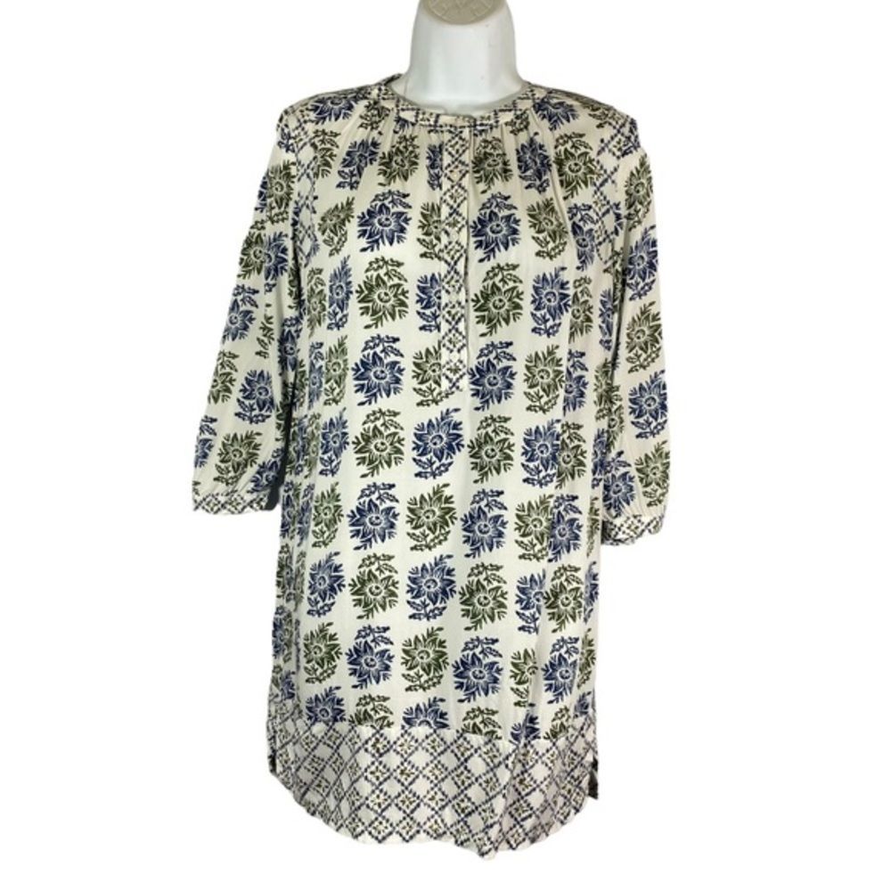 Loft Size XS Dress Sheath Button Front White Blue Floral Print Half Sleeve